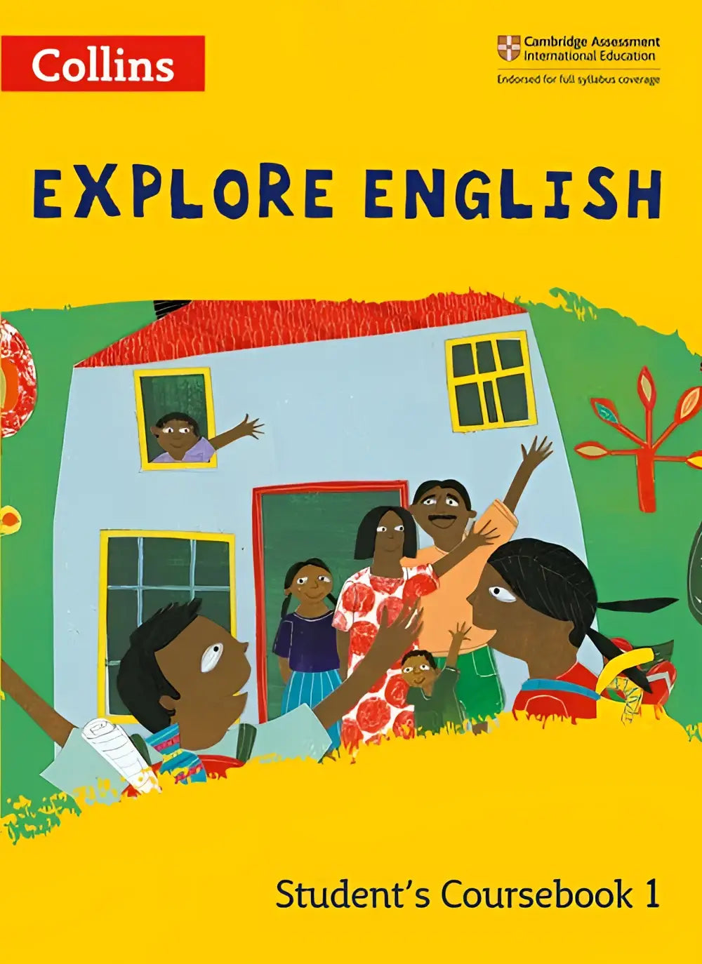 Heldere gele cover van explore english students coursebook 1 tweede editie met een kleurrijke illustratie van mensen buiten een huis