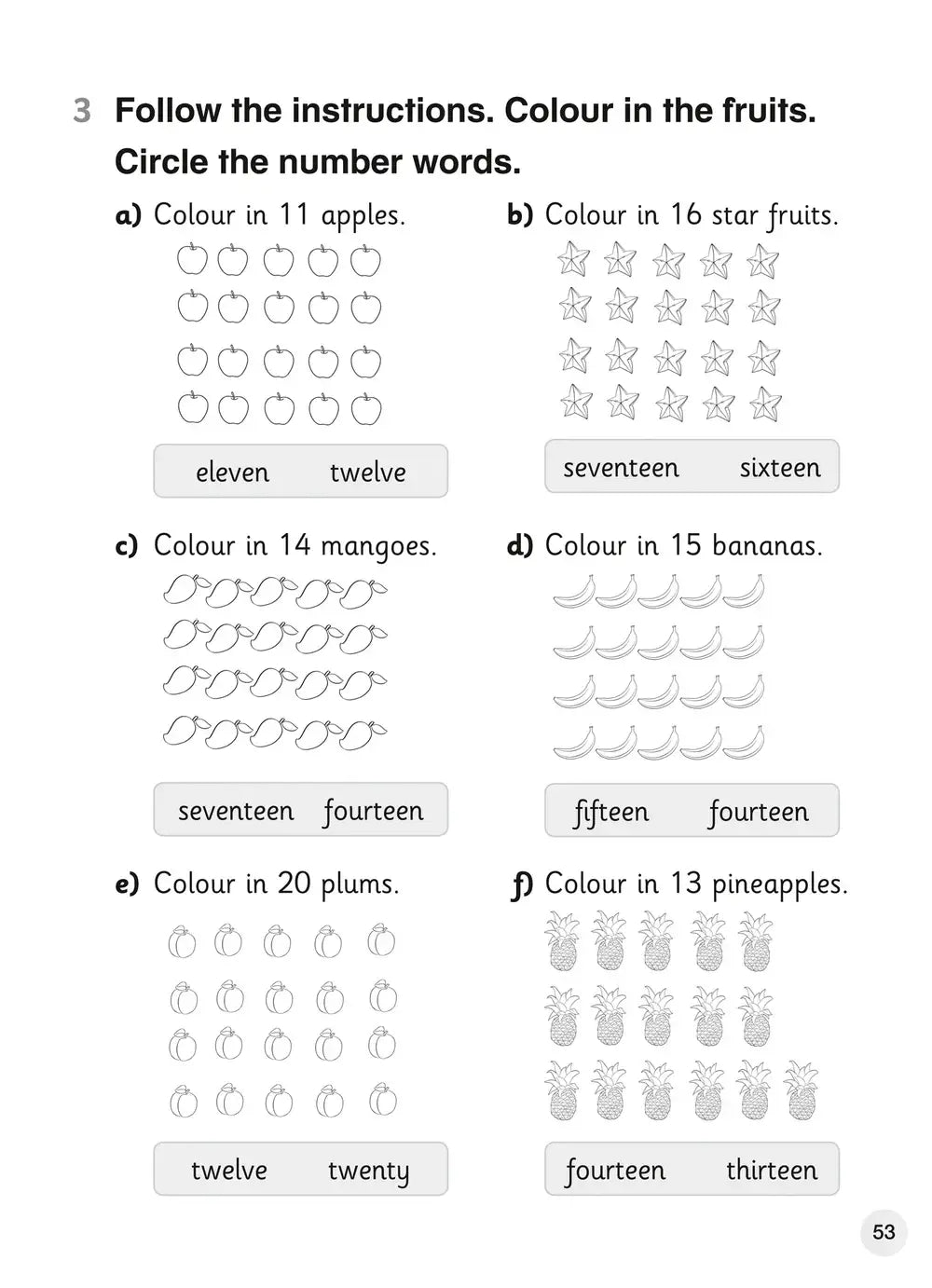 Kinder wiskunde werkblad met omlijnde vruchten en genummerde kleurmogelijkheden uit explore english students coursebook 1