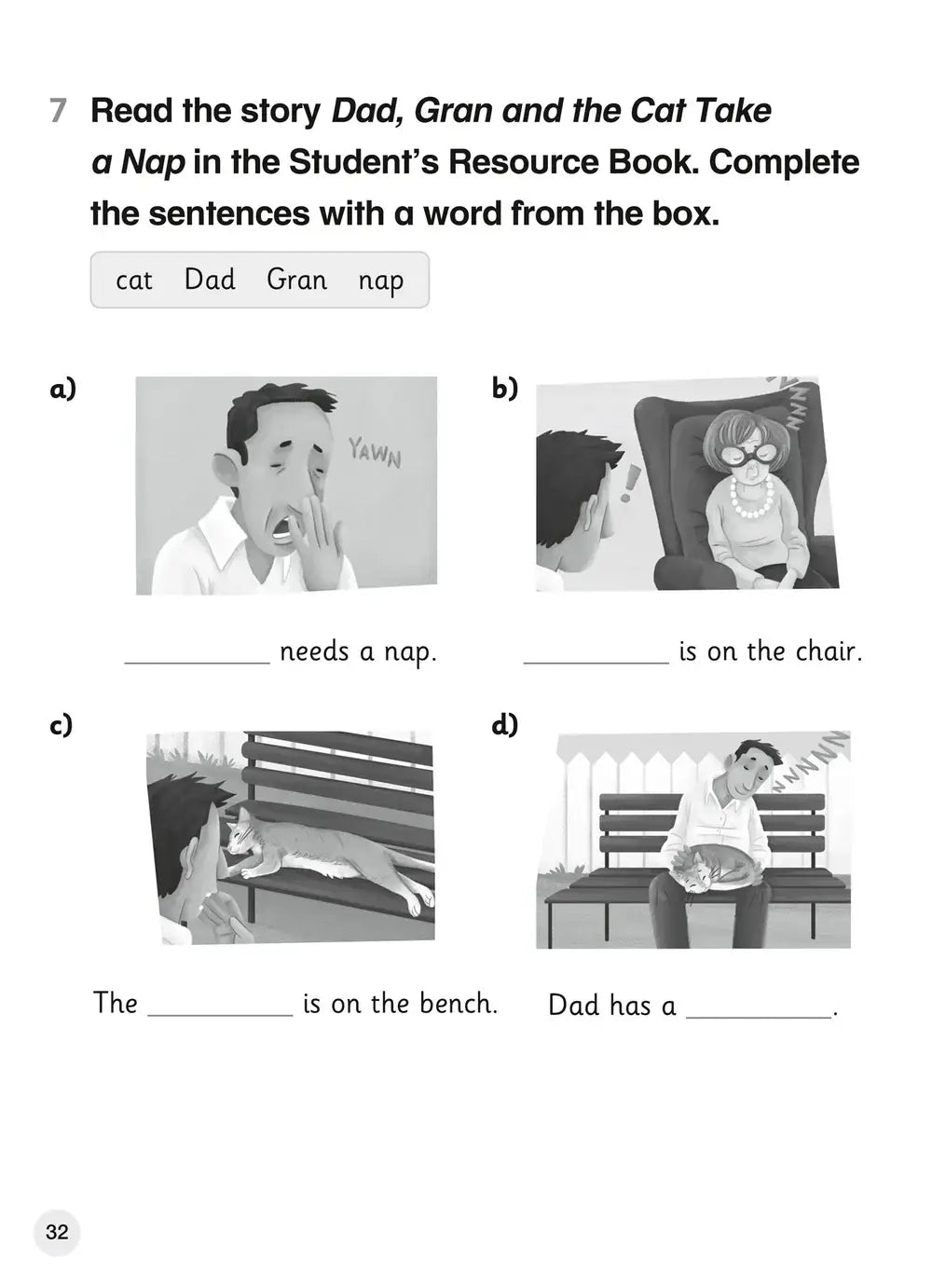 Zwart-wit geïllustreerde pagina uit Explore English Student’s Coursebook 1 met verhaal over vader, oma en de kat