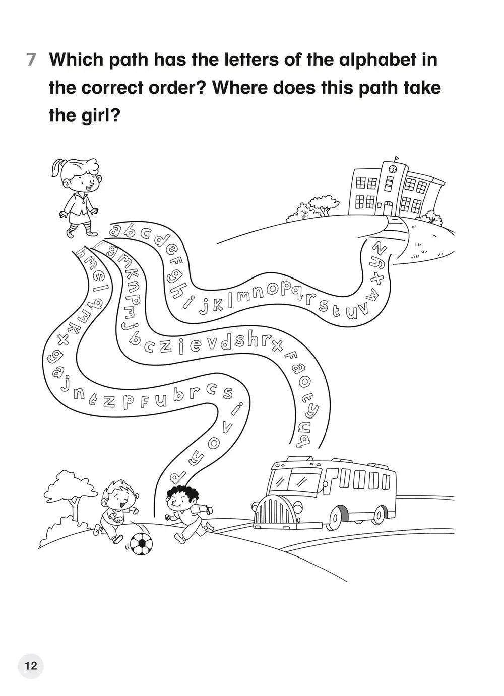Een zwart-wit geïllustreerd pad met het alfabet in volgorde door een schoolomgeving in explore english students coursebook 1 tweede editie