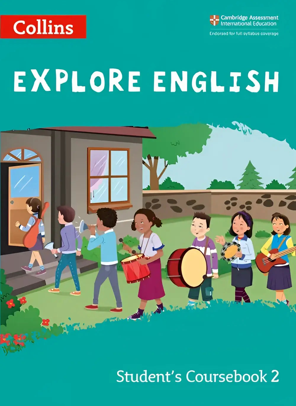 Collins explore english studentenboek 2 tweede editie met teal kaft en illustraties van kinderen die muziek maken buiten een school