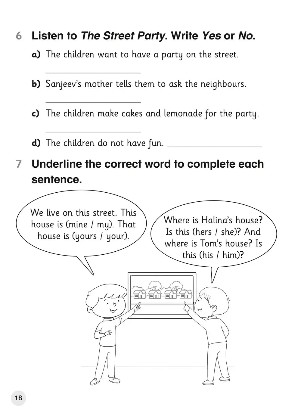 Black-and-white worksheet from explore english student’s coursebook 2 featuring cartoon children and possessive pronouns for cambridge primary english second language curriculum