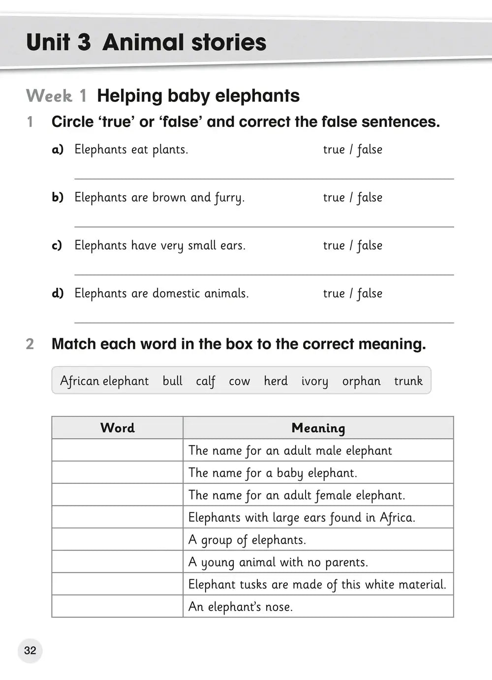 Printbare educatieve werkbladpagina uit explore english student coursebook 3 met oefeningen over olifanten voor cambridge primary english en teacher’s guide gebruik