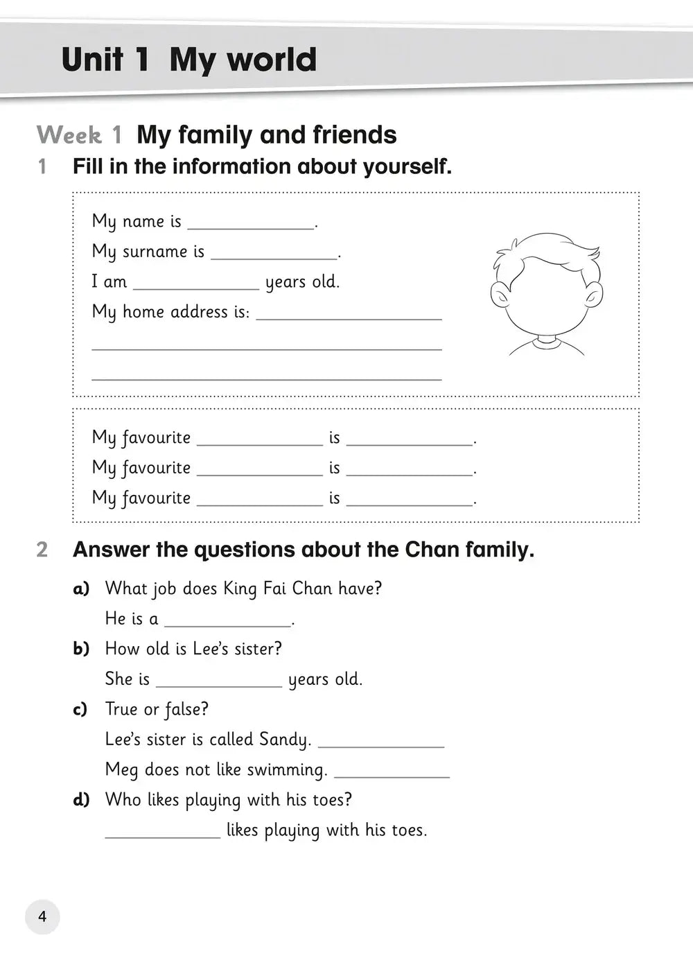 Zwart-wit werkblad uit explore english student coursebook 3 met oefeningen over de chan familie voor cambridge primary english teacher’s guide