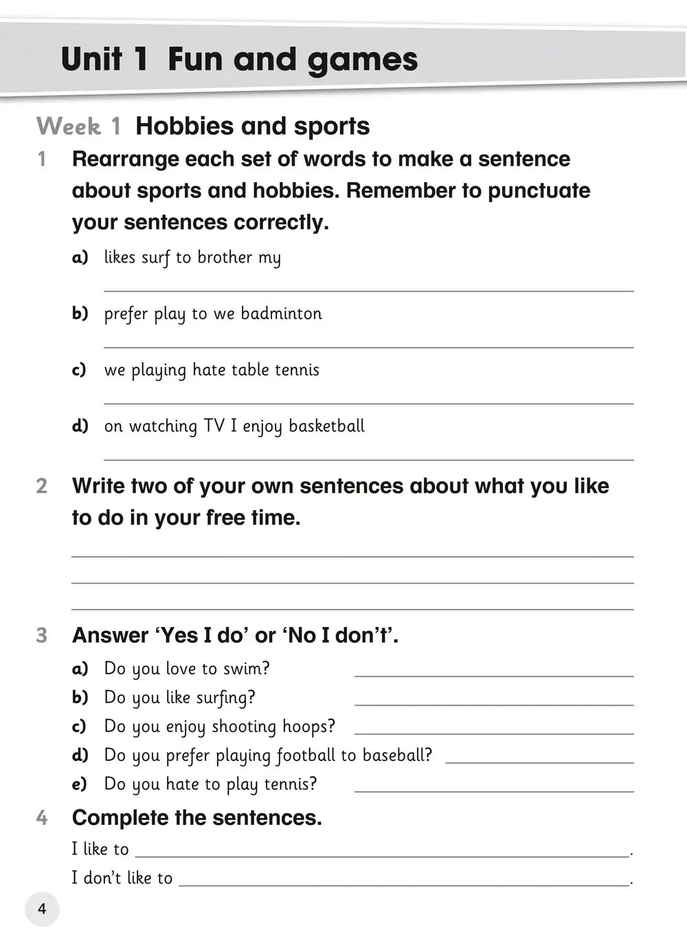 Printed worksheet page with exercise prompts from explore english student coursebook 4 unit 1 fun and games for cambridge primary english teacher’s guide