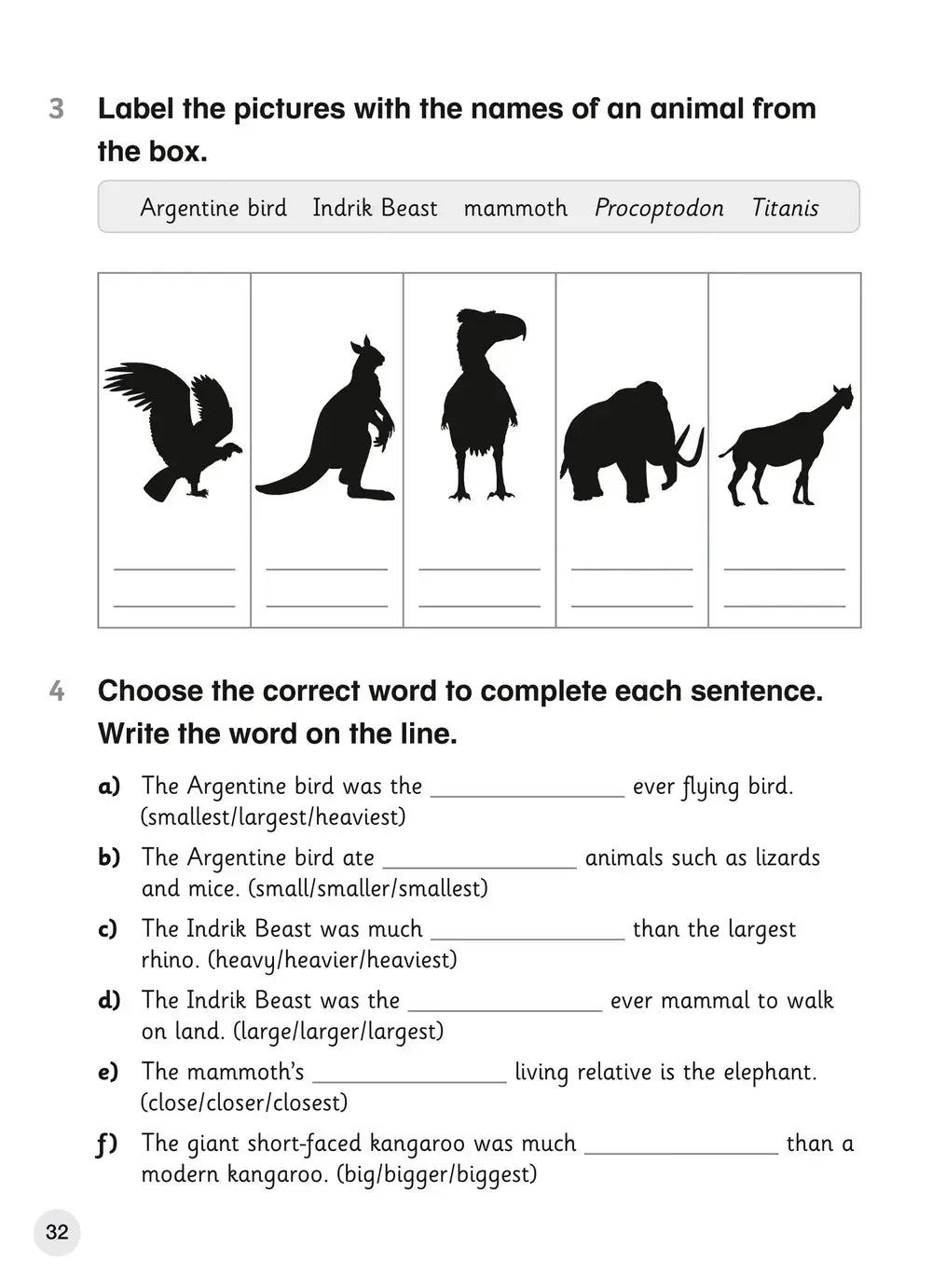 De worksheet uit explore english student coursebook 4 toont zwarte silhouetten van vijf prehistorische dieren voor cambridge primary english