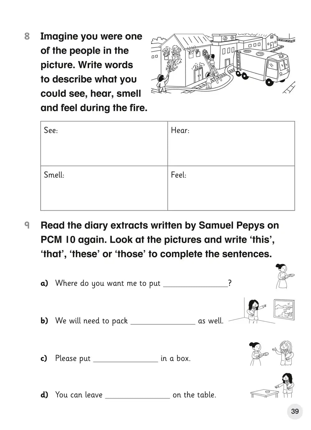 Zwart-wit geïllustreerde oefenwerkblad over een vuur scène en aanwijzende voornaamwoorden in explore english student’s coursebook 4 van cambridge primary english teacher’s guide