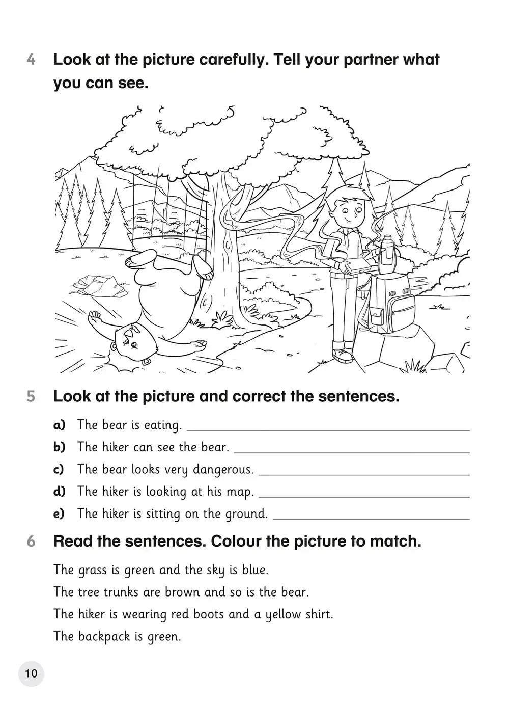A zwart-wit lijntekening van een wandelaar naast een rugzak in een bos voor cambridge primary english explore english student guide