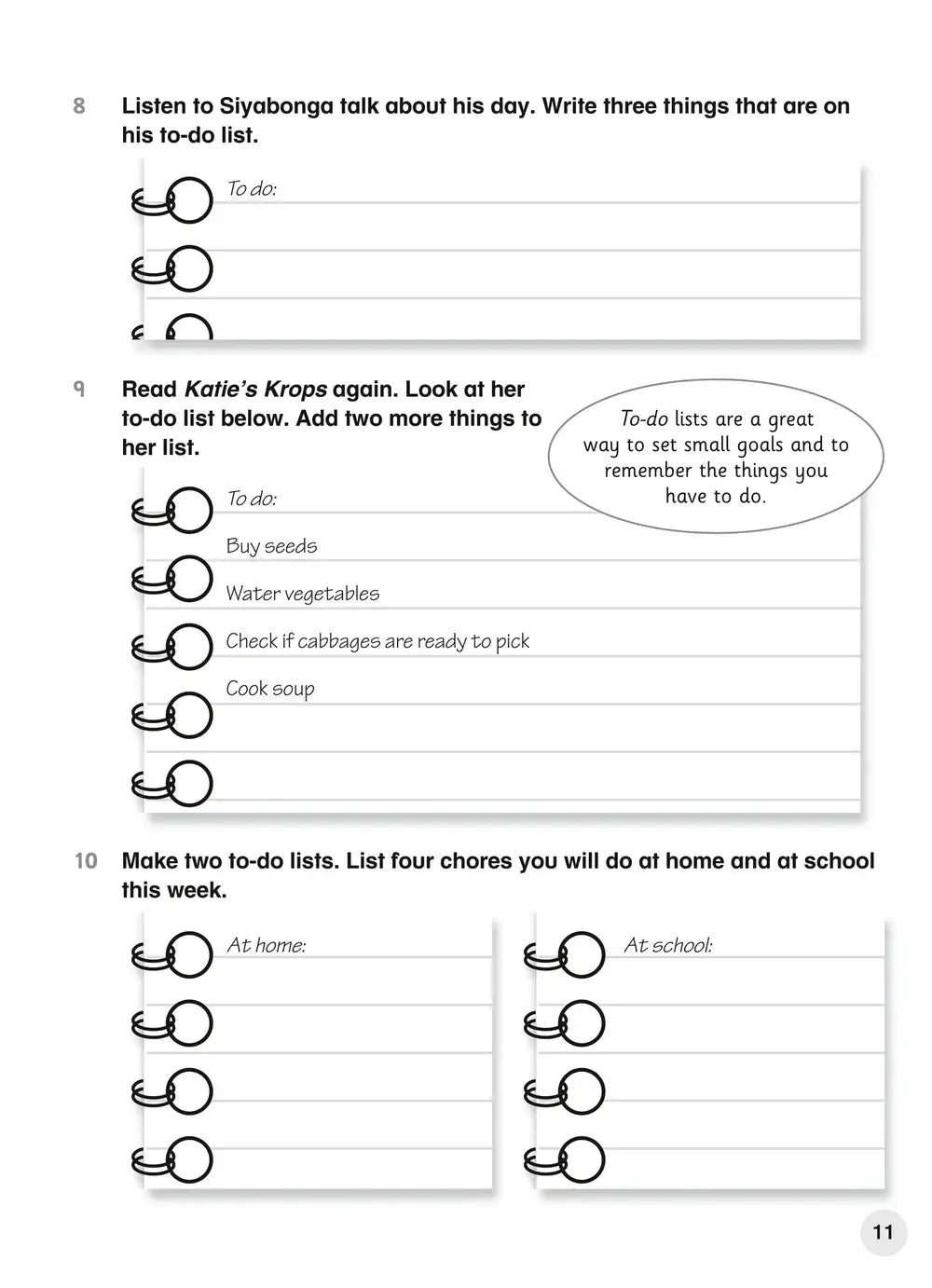 Printed worksheet with numbered exercises on creating to do lists for children from collins explore english students coursebook 5