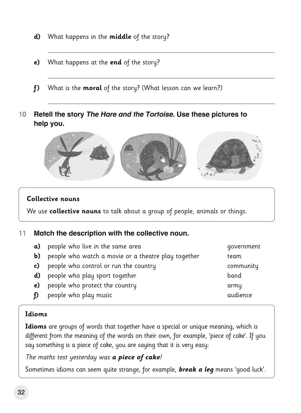 De pagina uit collins explore english students coursebook 6 toont oefeningen over story comprehension, collective nouns en idioms