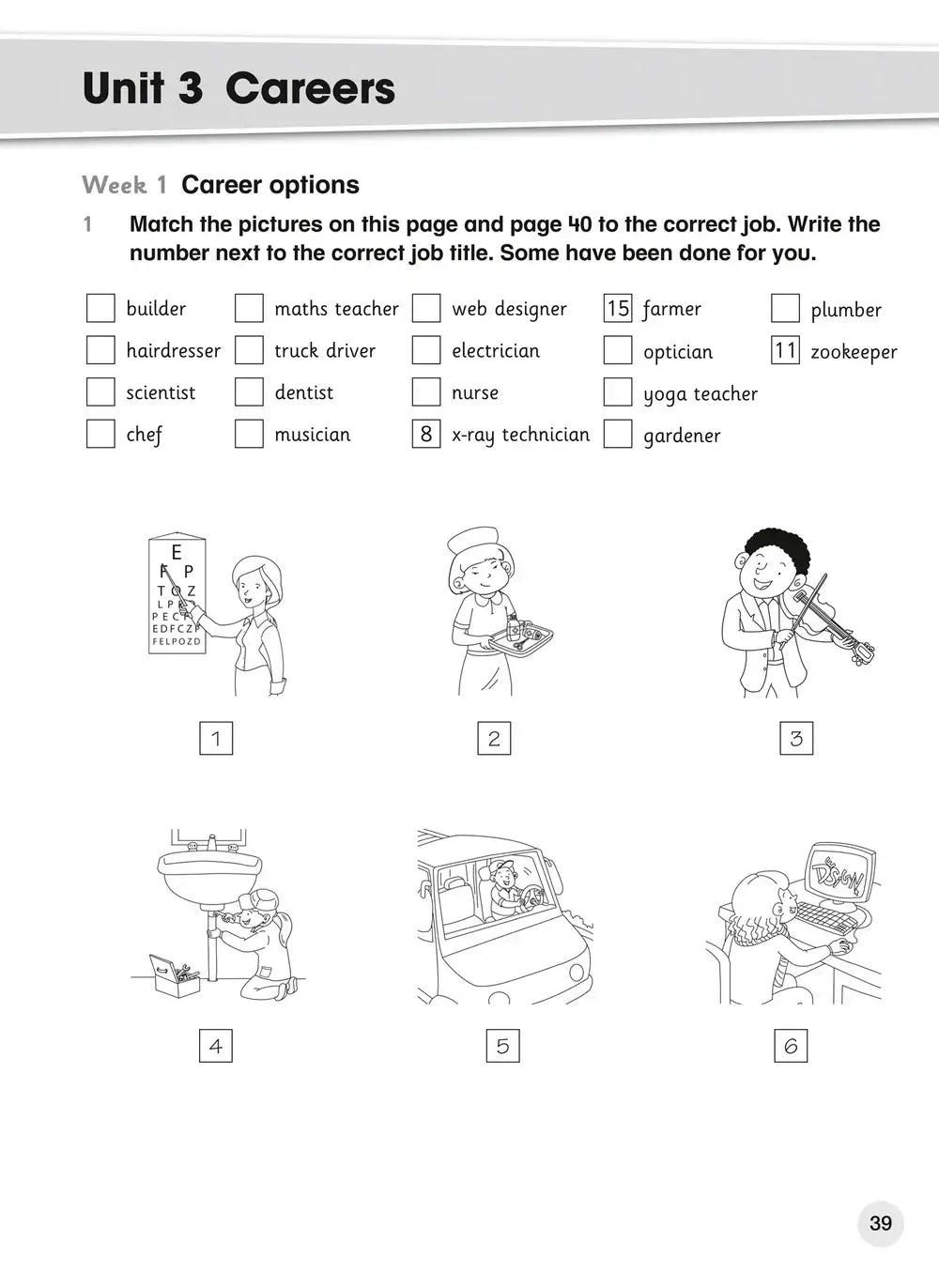 Pagina met zwart-wit illustraties uit unit 3 careers in collins explore english students coursebook 6 tweede editie met zes gelabelde beroepsafbeeldingen