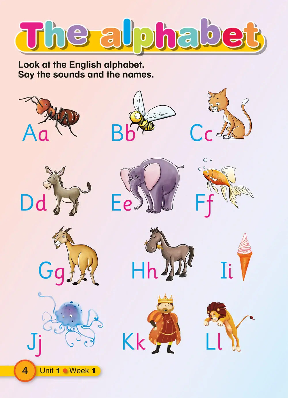 Kleurrijke alfabetic chart voor kinderen met cartoon dieren bij elke letter uit explore english students resource book 1 tweede editie