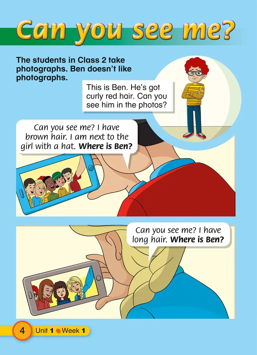 Cartoonillustratie van een jongen met rood krullend haar en bril op de cover van explore english students resource book 2