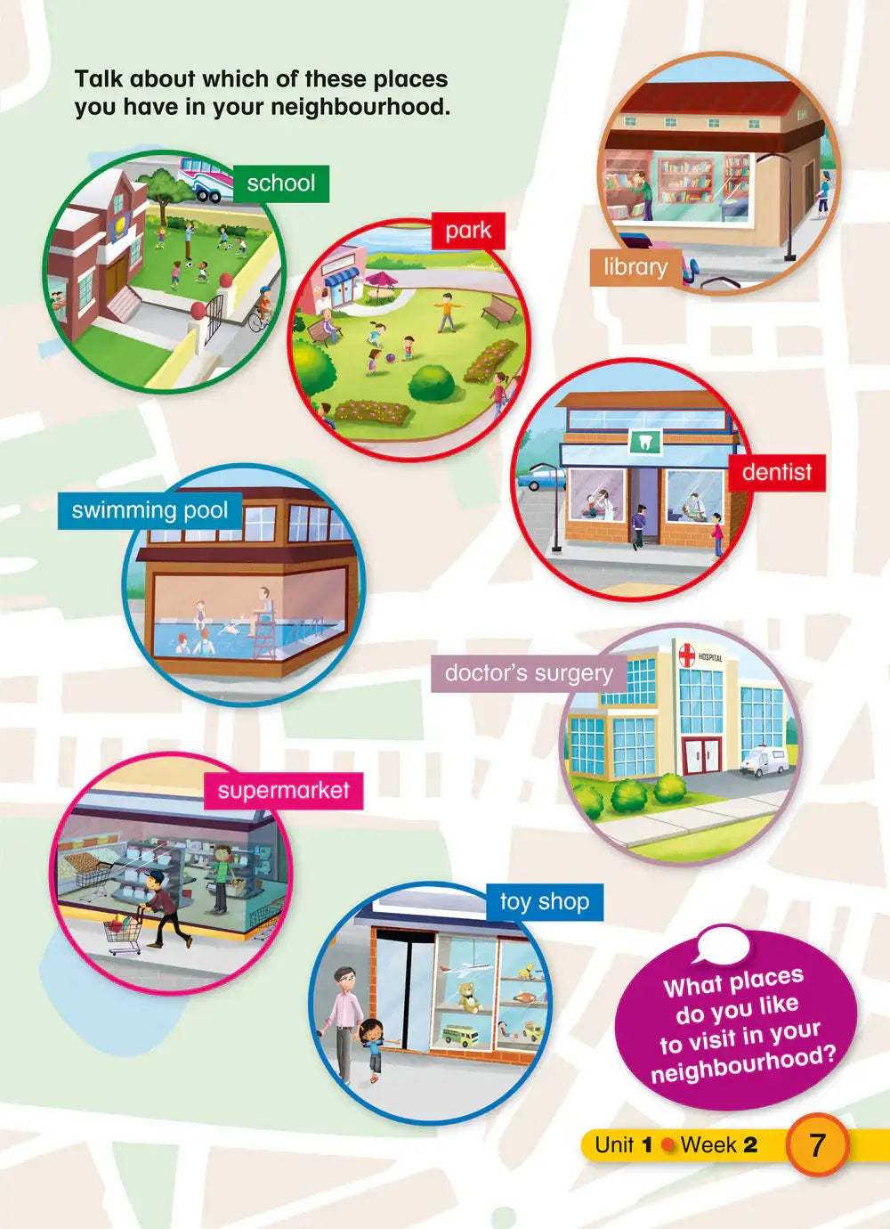 Kinderen educatief werkblad met geïllustreerde iconen van buurtlocaties uit explore english students resource book 3