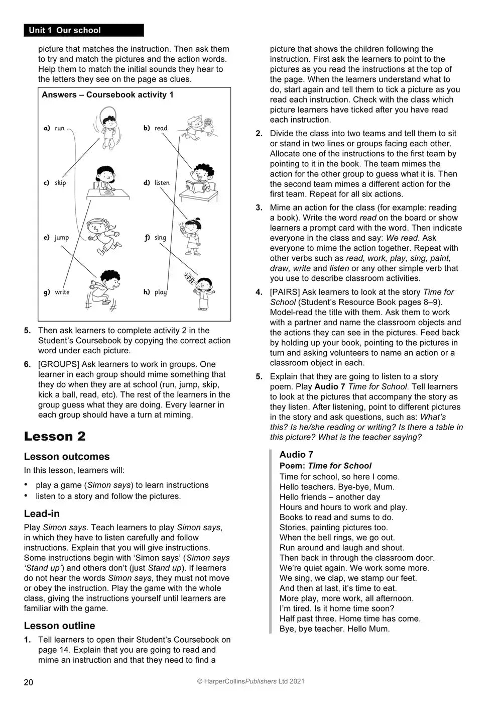Afgebeeld is een pagina uit het explore english teachers guide 1 met gedetailleerde lesplannen volgens het curriculum framework