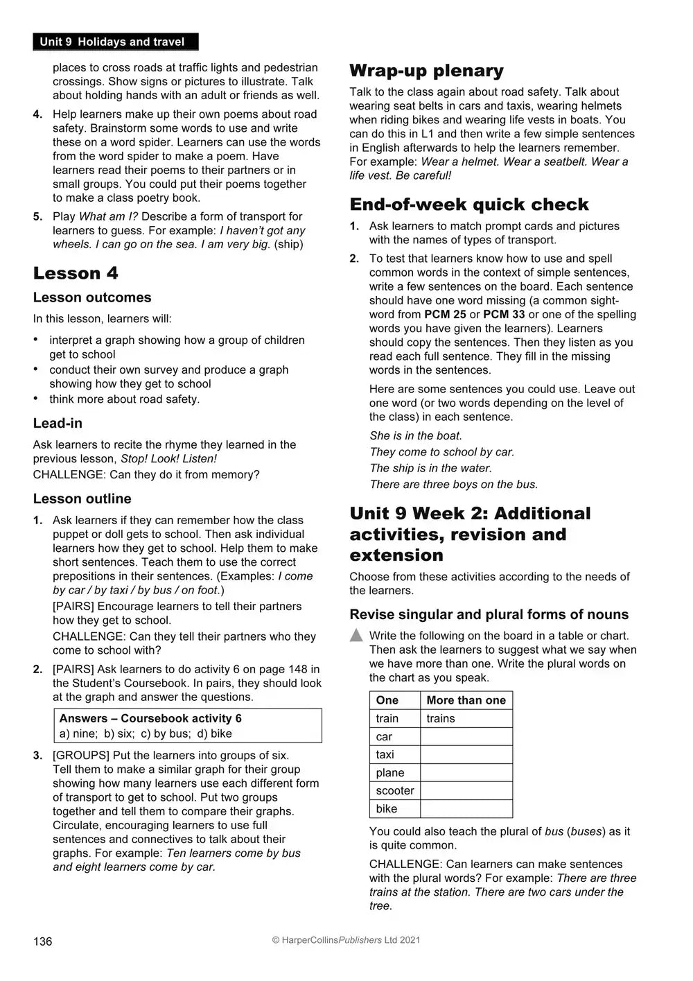 Dit zwart-witte educatieve werkblad van harpercollins toont gedetailleerde lesplannen voor unit 9 holiday and travel in explore english teacher’s guide 1 volgens curriculum framework