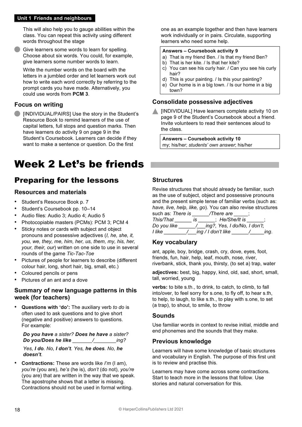Pagina uit collins explore english teachers guide 2 met gedetailleerde lesplannen volgens curriculum framework over vrienden beschrijven