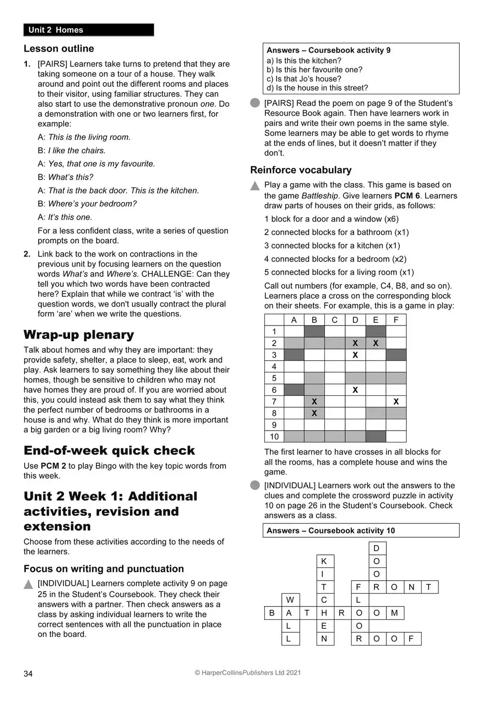Pagina uit collins explore english teachers guide 2 met gedetailleerde lesplannen en curriculum framework voor unit homes