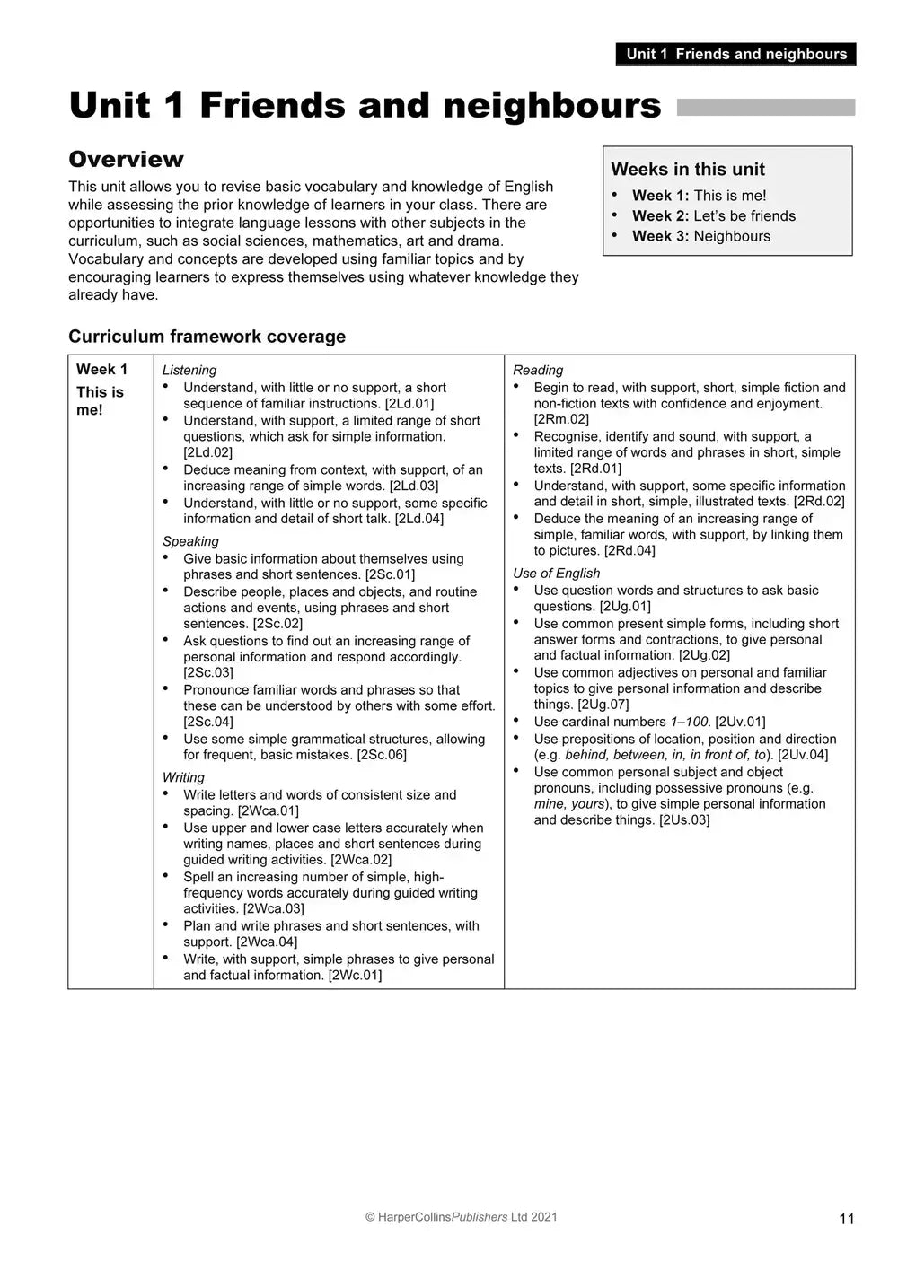 Dit zwart-wit curriculum framework van collins explore english toont gedetailleerde lesplannen voor weken 1 tot 3