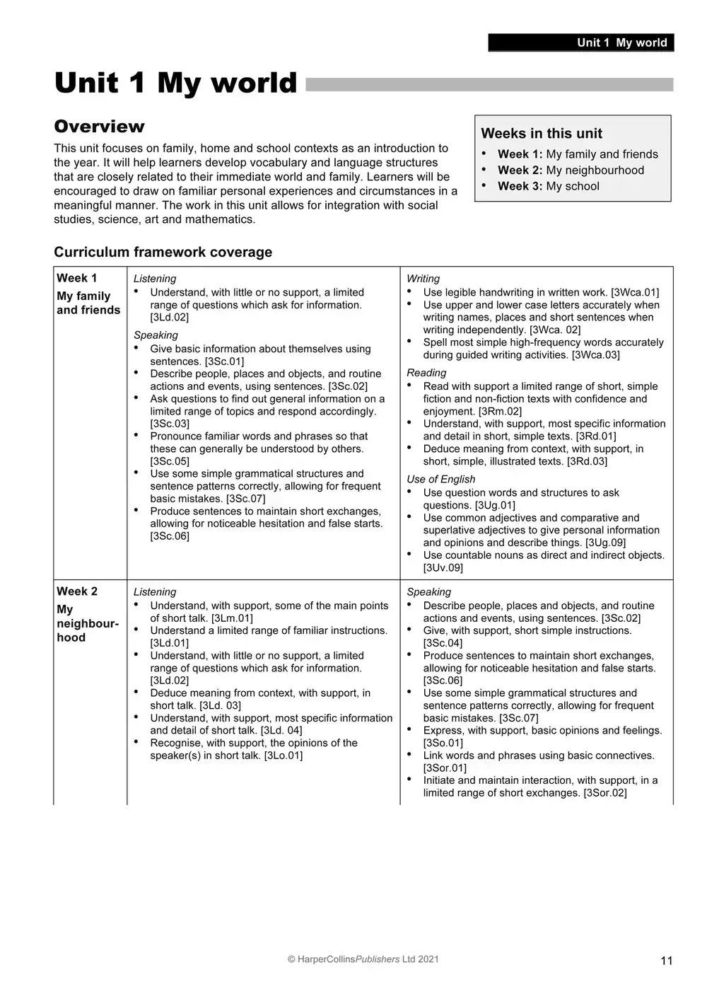Pagina uit het tweede editie explore english teachers guide 3 met een second language curriculum framework en gedetailleerde lesplannen