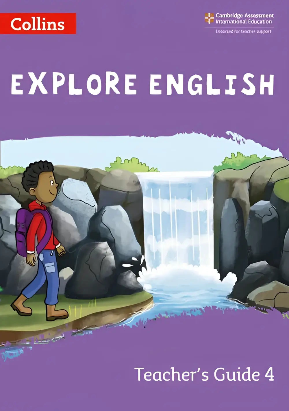 Paars omslag explore english teachers guide 4 van collins met cartoon kind en waterval illustration
