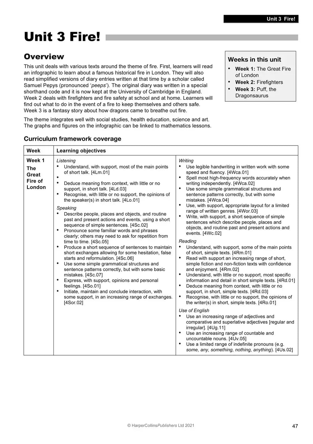 Dit is een pagina uit de workbook unit 3 fire van collins explore english met curriculum framework en tweede taal curriculum