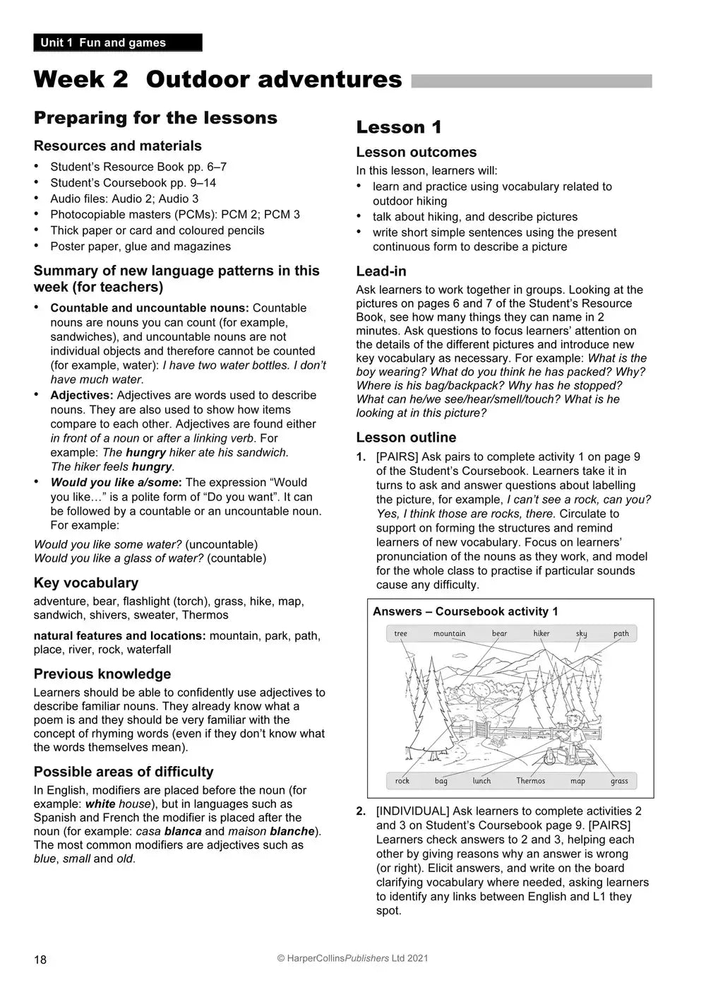 Pagina uit collins explore english teachers guide 4 gericht op outdoor adventures binnen het tweede taal curriculum framework