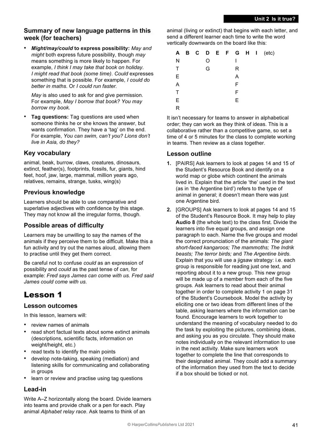 Pagina uit de collins explore english teachers guide 4 tweede taal curriculum met unit 1 en nieuwe taalmethoden