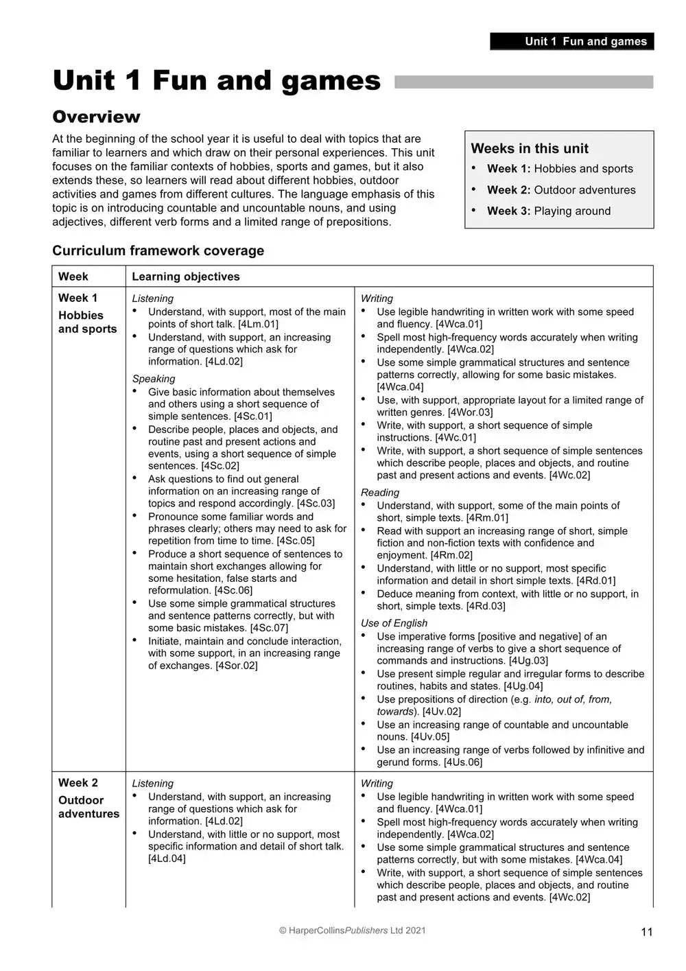 Dit is een zwart-wit educatief werkblad van collins explore english teachers guide 4 met focus op tweede taal curriculum