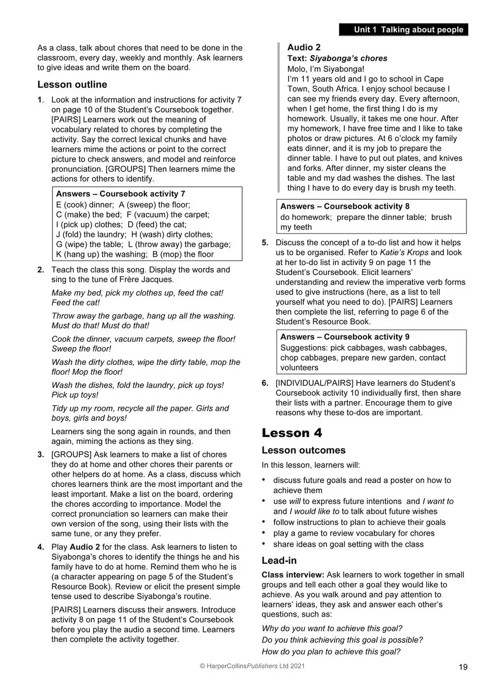 Pagina uit collins explore english teachers guide 5 met curriculum framework en activiteiten voor tweede taal curriculum