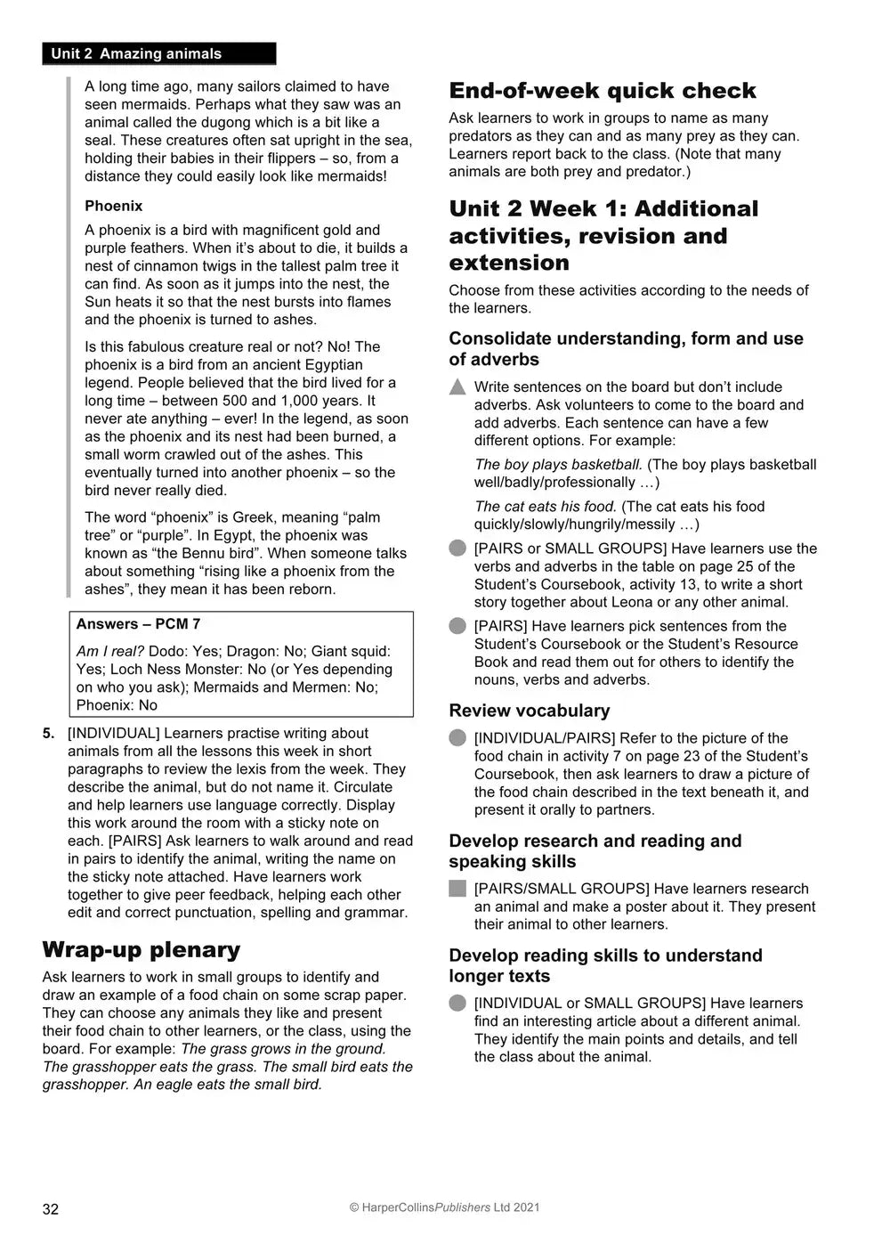 Dit is een pagina uit het onderwijswerkboek collins explore english teachers guide 5 met dierenactiviteiten volgens het tweede taal curriculum framework