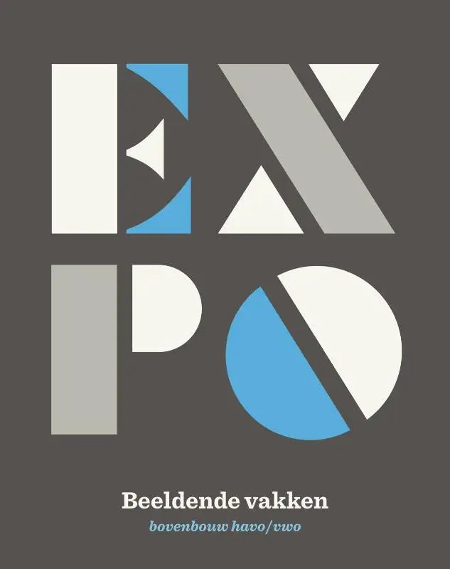Minimalistisch grafisch ontwerp van expo beeldende vakken logo in wit en blauw op een donkergrijze achtergrond