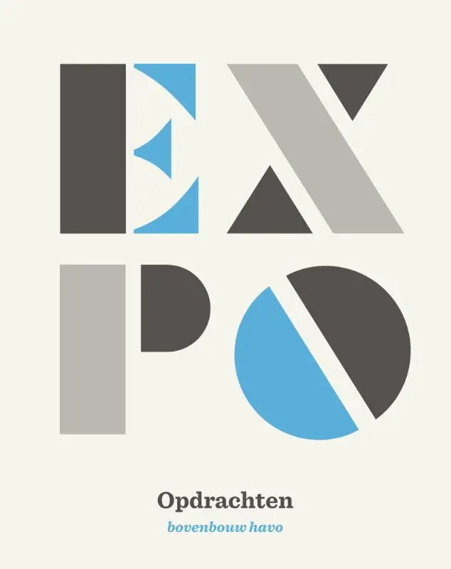 Minimalistisch expo beeldende vakken opdrachtenboek met geometrisch logo in donkergrijs, lichtgrijs en blauw op crème achtergrond