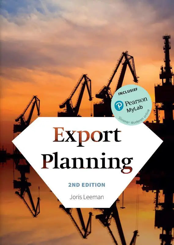 Cover van het export planning boek 2de editie door joris leeman met mylab nl toegangscode en oranje havenachtergrond
