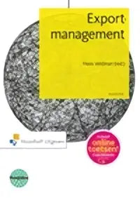 Een rond, textuur zwart-wit patroon met gele tekst export management op een exportmanagement product
