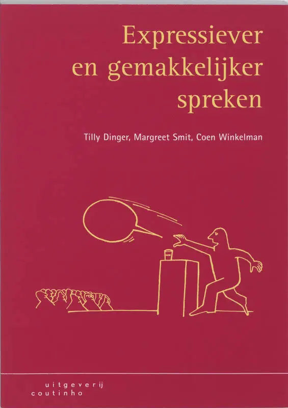 Rode boekcover met gouden letters en minimalistisch lijntekening spreker bij microfoon: Expressiever en gemakkelijker spreken