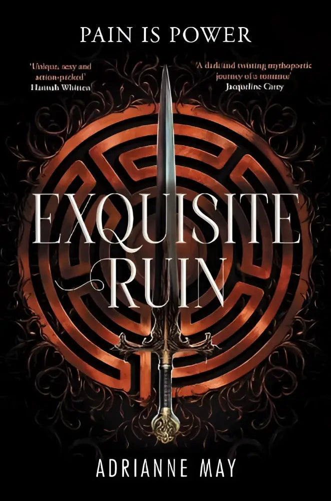 De cover van exquisite ruin toont een metalen dolk met een gouden heft in een cirkelvormige doolhof voor een dark romance over deceit and power