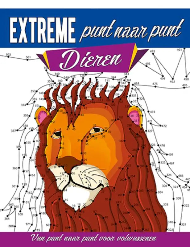 Een levendige oranje en rode leeuw geïllustreerd op een extreme punt naar punt dieren kleurboek voor volwassenen