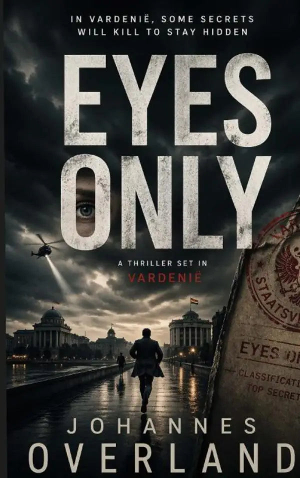 De boekomslag van eyes only door johannes overland toont een donkere, sfeervolle afbeelding met witte titeltekst tegen stormachtige lucht