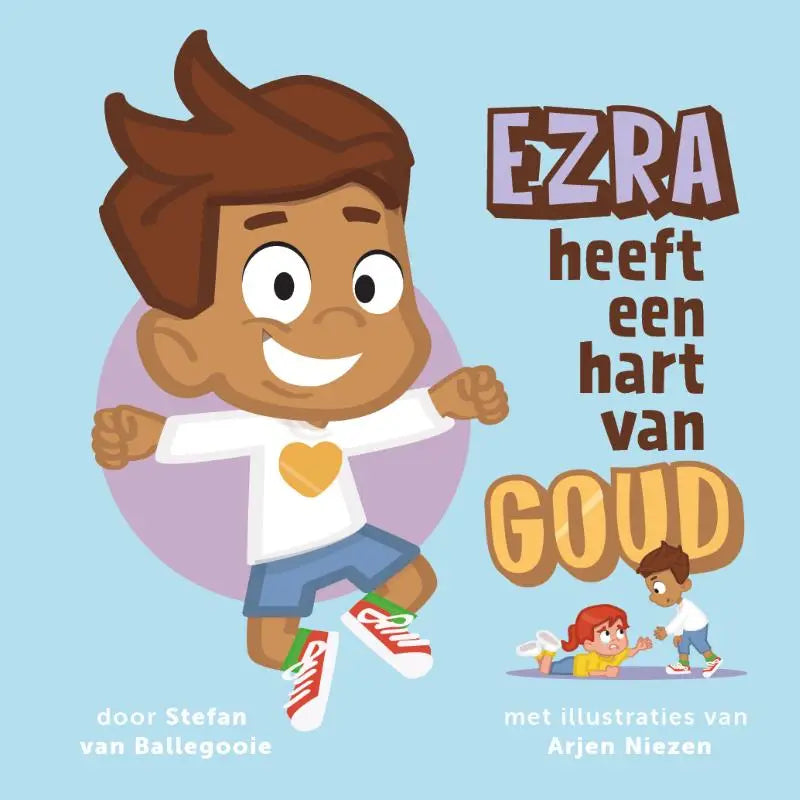 Een vrolijke cartoon jongen met bruin haar en een wit shirt met geel hart geschikt voor jonge lezers