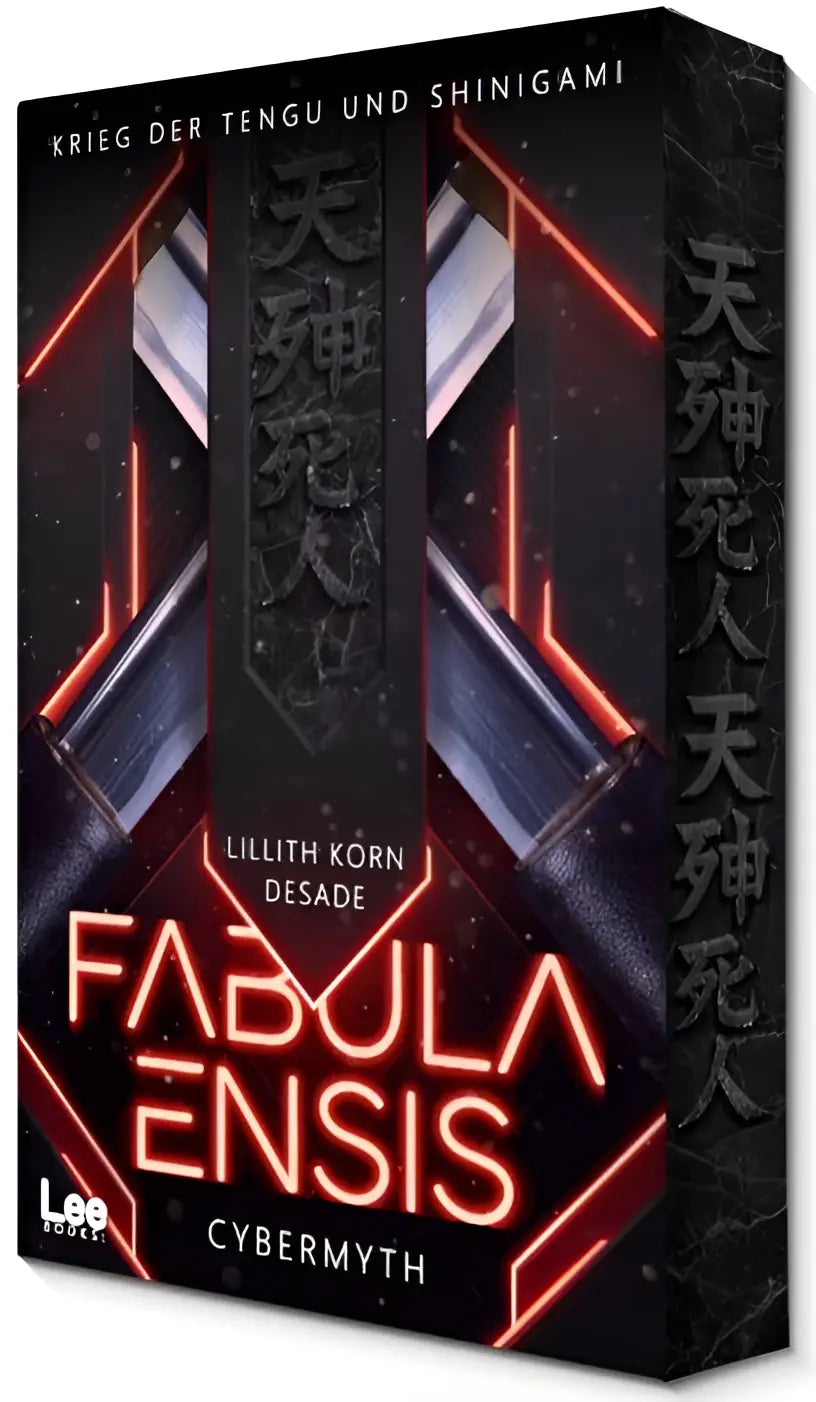 Zwarte box met rood neon fabula ensis titel en metalen zwaard ontwerpen voor tengu und shinigami product