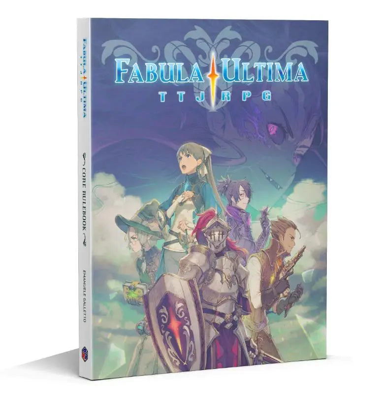 De fabula ultima regelwerk hardcover boek met een geïllustreerde fantasiedeksel en blauw gloeiende titel