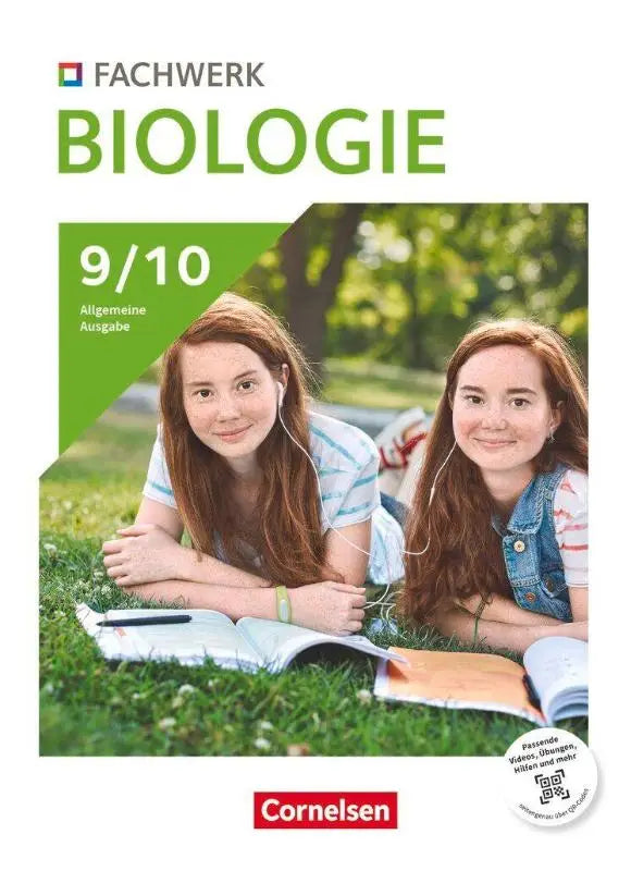 Groene en witte cover van het fachwerk biologie 9 10 leerboek met animationen und digitalen ondersteuning en twee jonge vrouwen buiten op gras