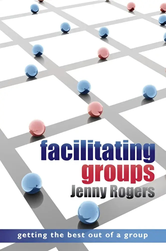 De boekcover van facilitating groups door jenny rogers toont een raster van blauwe en roze bollen en is ideaal voor every hr professional en elke teamleider