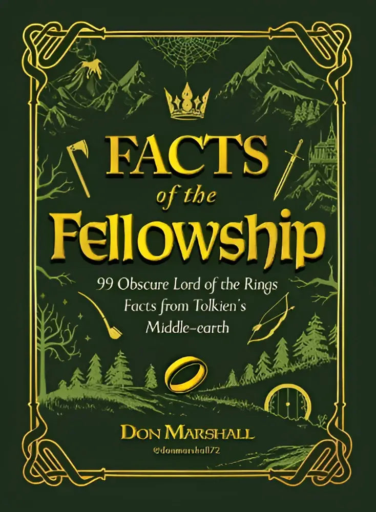 Donkergroene boekomslag met gouden folielettering en illustraties van midden-aarde en obscure lord of the rings feiten