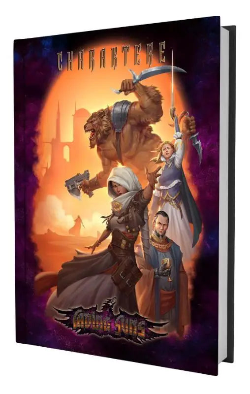 De fading suns karaktere hardcover boek toont vier kleurrijke fantasie personages tegen een oranje lucht achtergrond