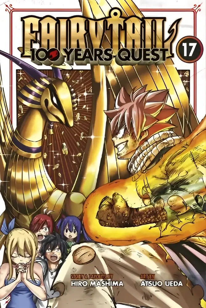Gouden, gedetailleerde egyptische stijl gevleugeld wezen met lange nek en scherpe snavel op fairy tail years quest 17 cover