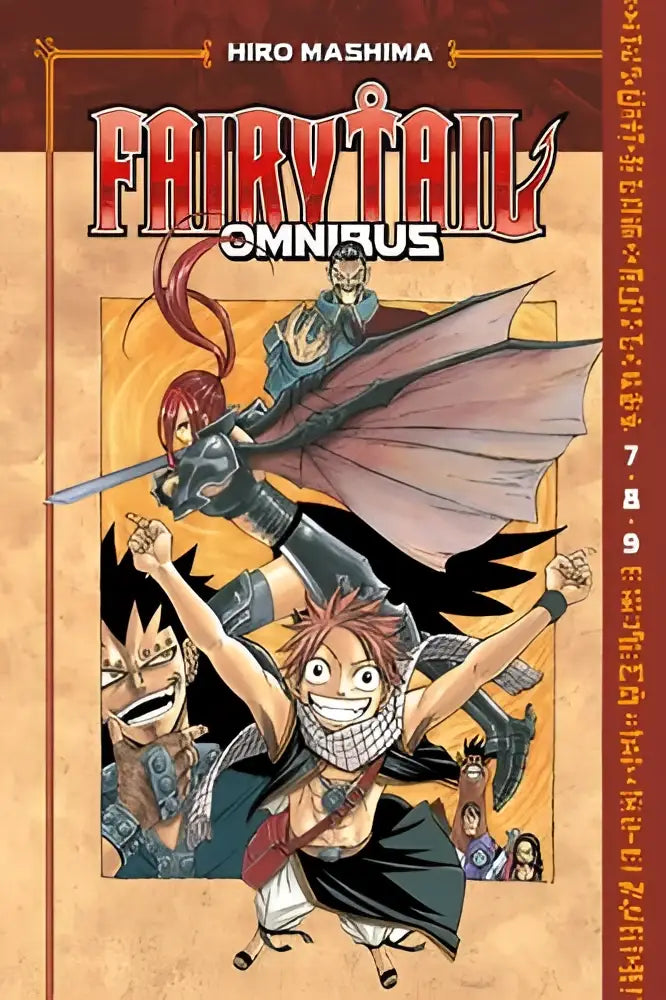 De cover van fairy tail omnibus 3 (vol 7-9) toont levendige kunst met personages in dynamische poses tegen warme achtergrond