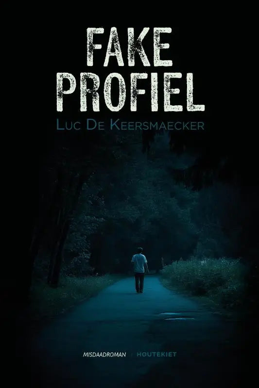 Donkerblauwe boekcover fake profiel met witte distressed letters boven figuur op schemerige weg achter het gele masker