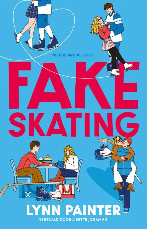 Het boekfake skating van lynn painter toont een felblauwe cover met rode titel en tekeningen van schaatsers en sociaal contact